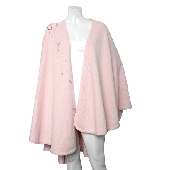 Vintage Knit Cape Shawl Wrap Pink Beaded Embroidered Warm Pretty Cottagecore - Picture 3 of 12
